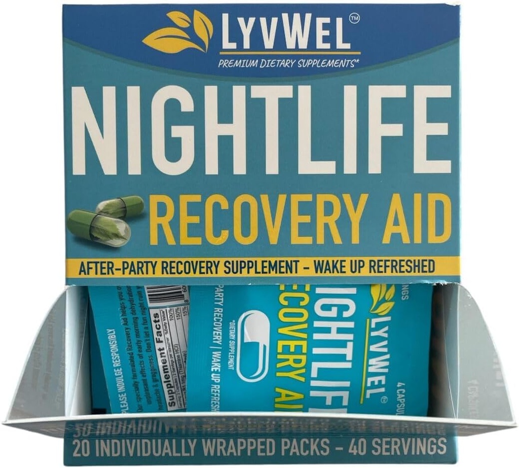 LyvWel Nightlife Recovery Carton Budd124; hurtig morgen foryngelse, leverstøtte Budd124; DHM, elektrolyter, B Vitamin - 20 pakker, 40 Servere