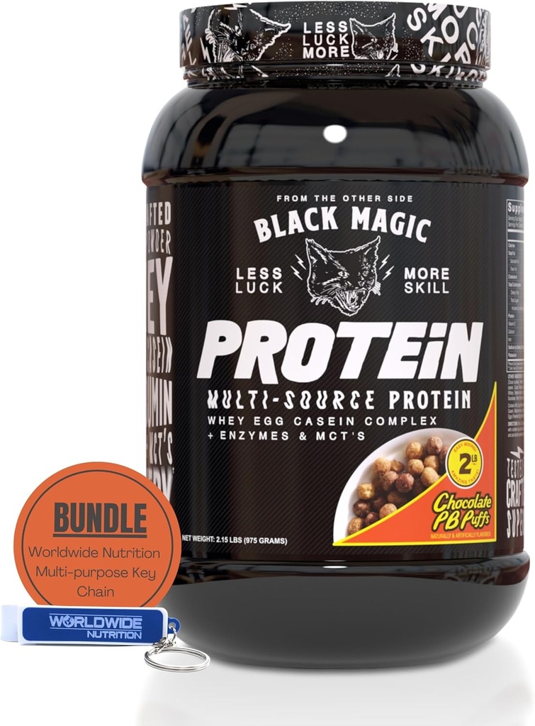 Worldwide Nutrition Bundle: Black Magic Multi- Source Casein Protein Powder- Whey, Egg Albumin Enzymes, Micellar Casein & MCT- Muscle Mass Gaining Bodybuilding- Chocolate PB Puffs 2LB & Keychain