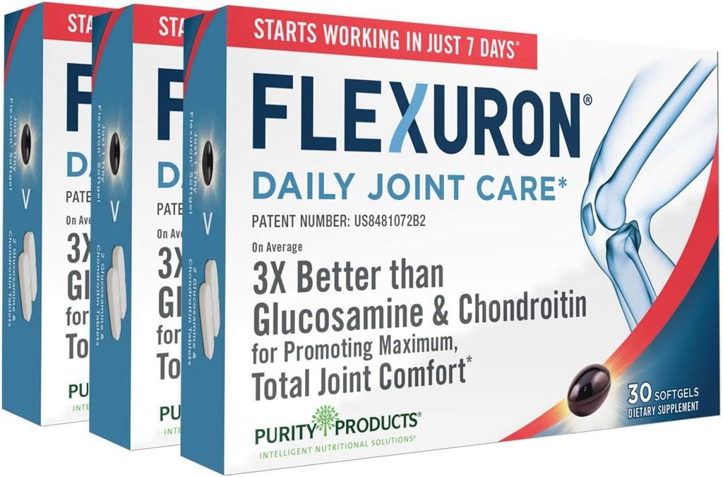 Purity Products Flexuron Joint Formula 3X Better Than Glucosamine and Chondroitin - Starts Working in just 7 Days - Krill Oil, Low Molecular Weight Hyaluronic Acid, Astaxanthin - 30 Count (3)