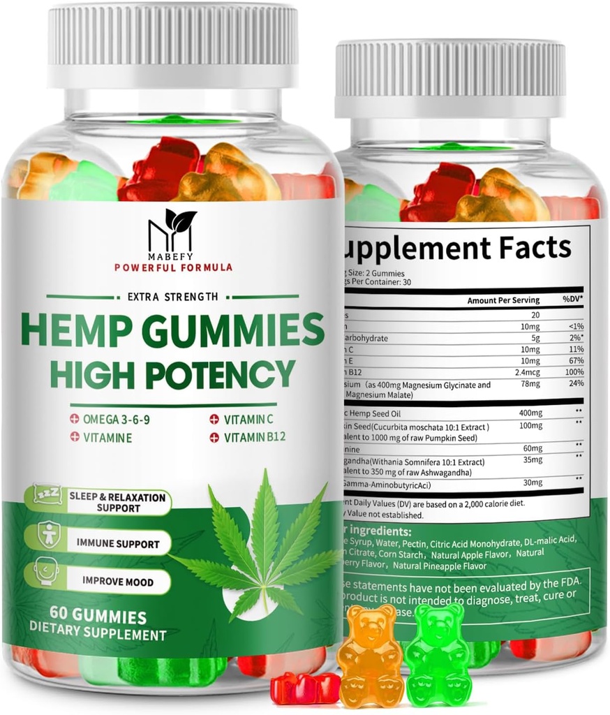 2 Pack Hamp Gummies for Pain, Sleep, Afslapning - Ekstra styrke med Magnesium & Vitaminer - Høj potens Natural Hamp Oil Extract Supplement, Vegansk Gummy Bears