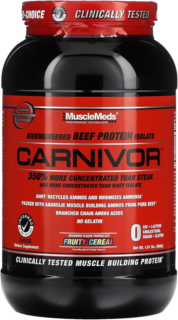 MuscleMeds CARNIVOR Beef Protein Isolate Powder, Muscle Building, Recovery, Lactose Free, Sugar Free, Fat, Free, 23g Protein, Fruity Cereal, 28 Servings