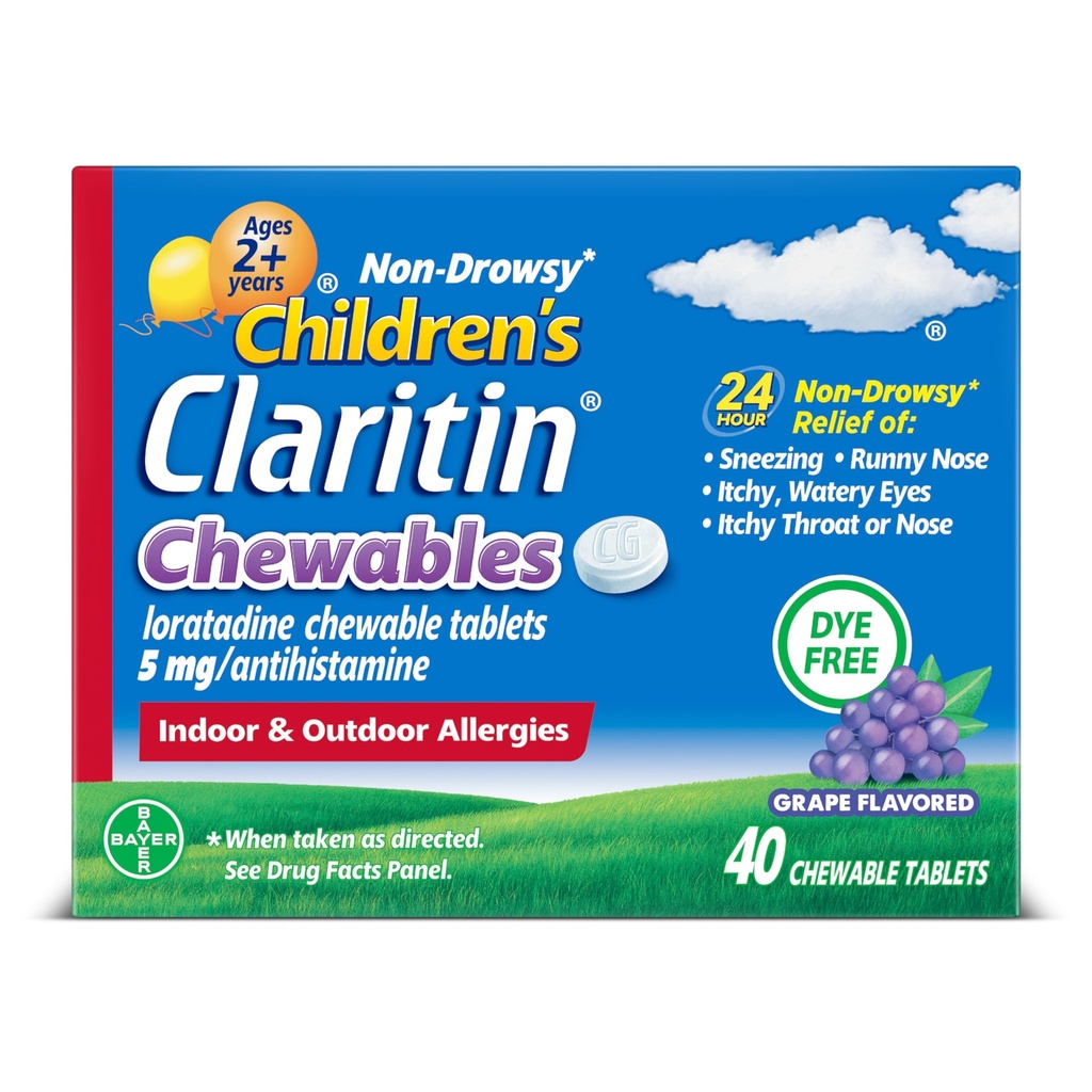 Claritin børneallergimedicin, 24- timers non- Drowsy Loratadine 5mg tyggetabletter, Antihistamin til børn i alderen 2 år og ældre, Grape Smaget, 40 tabletter