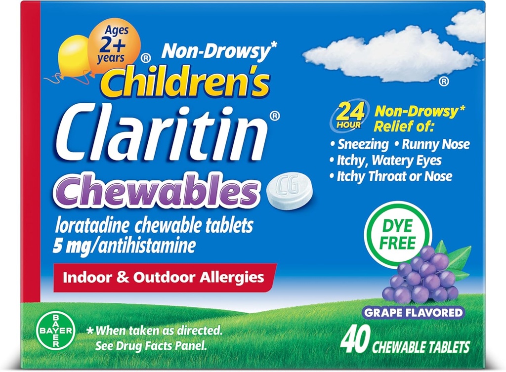 Claritin børneallergimedicin, 24- timers non- Drowsy Loratadine 5mg tyggetabletter, Antihistamin til børn i alderen 2 år og ældre, Grape Smaget, 40 tabletter