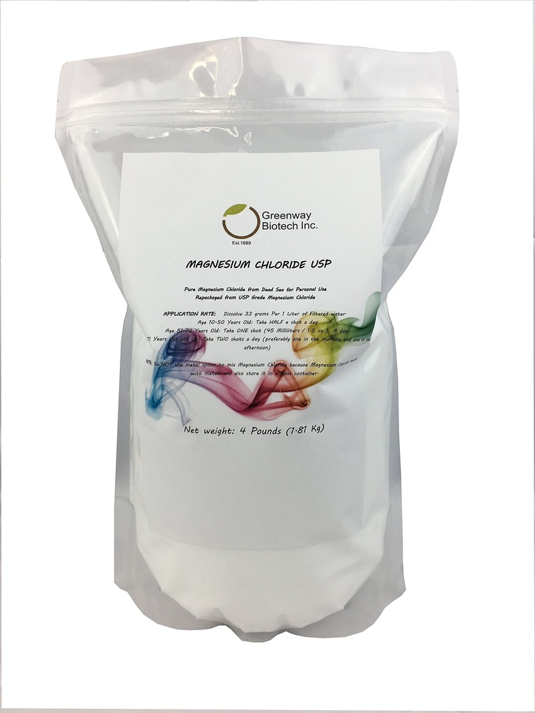Greenway Biotech, Inc. Magnesium Chloride USP Supplement 100% Edible Cloruro de Magnesio Comestible Powder (Pharmaceutical Grade)- (4 Pounds)