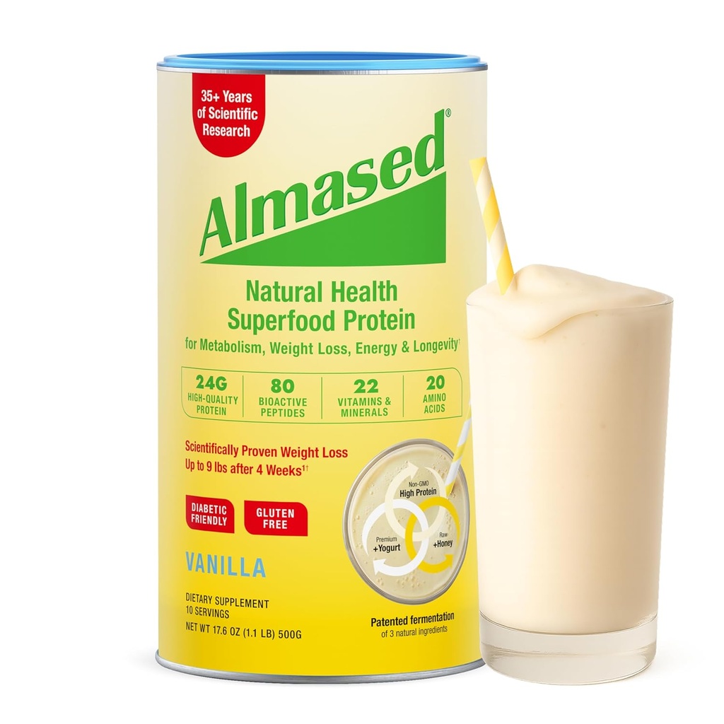 Almased Vanilla Meal Erstatning Shake - Low- Glycemic High Plant Base Protein Powder- Nutritional Weight Health Support Supplement - Vanilla Flavor - 17,6 oz (1, 1 Pack))