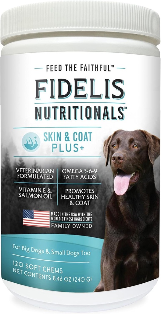 FIDELIS Skin & Coat Plus + Hund Skin & Coat Supplement, Omega 3, E-vitamin, Salmon Oil for Dogs, Fedtsyrer, Sund Hud, Shiny Coat, Voksen, Big & Small, Lavet i USA, vegetabilsk smag, 120 Soft Chews