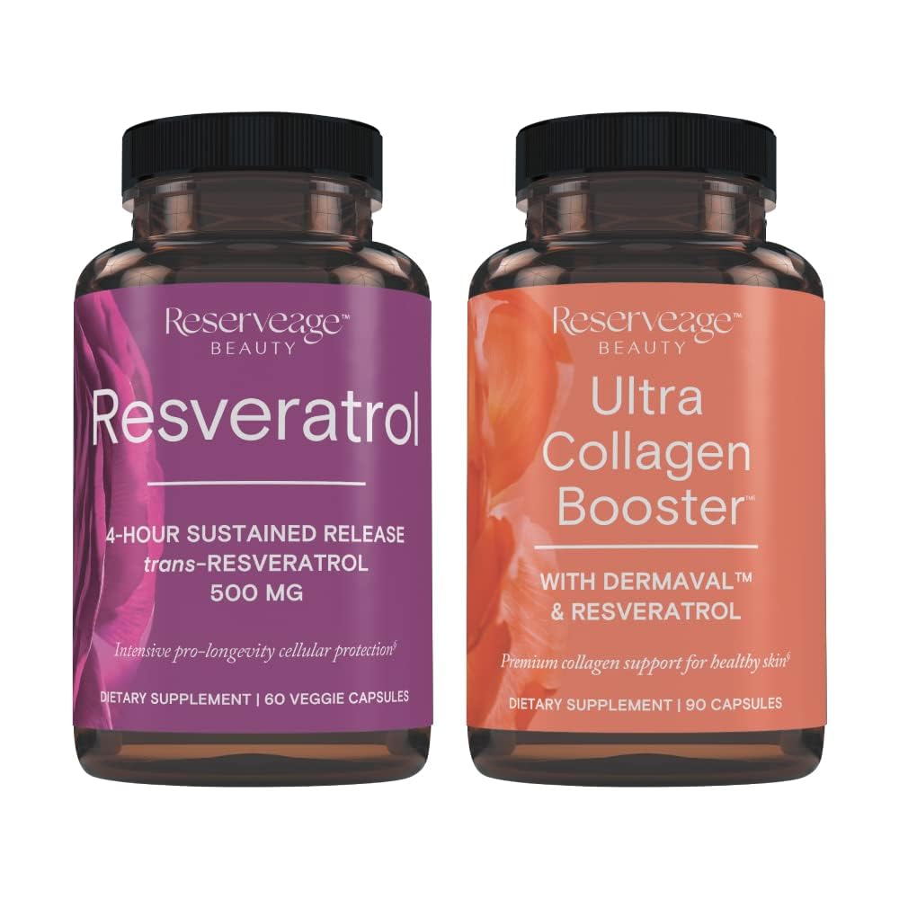 Reserveage Resveratrol & Ultra Collagen Booster - Resveratrol & Collagen Kapsler til Cell & Skin Support - Funktioner Dermaval - 60 Kapsler, 90 Ultra Collagen Booster Kapsler