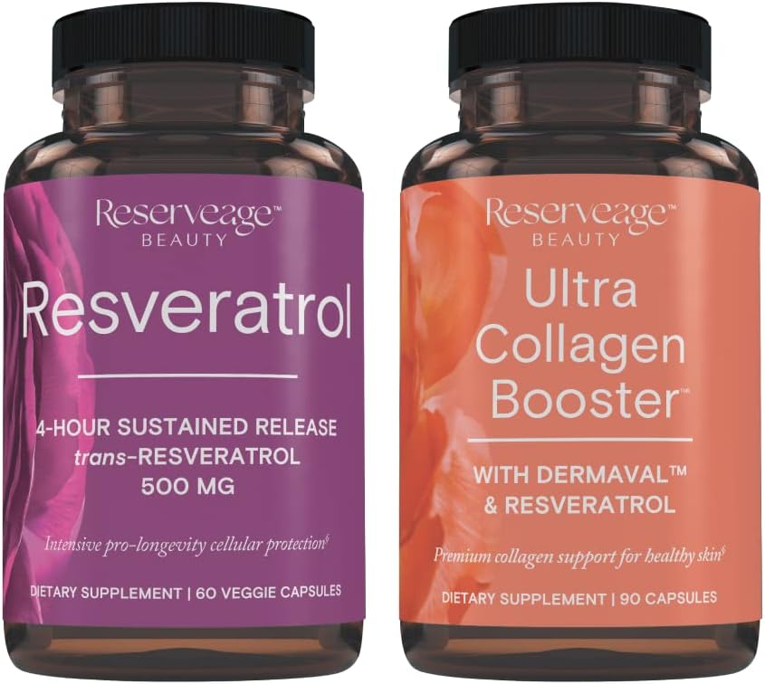 Reserveage Resveratrol & Ultra Collagen Booster - Resveratrol & Collagen Kapsler til Cell & Skin Support - Funktioner Dermaval - 60 Kapsler, 90 Ultra Collagen Booster Kapsler
