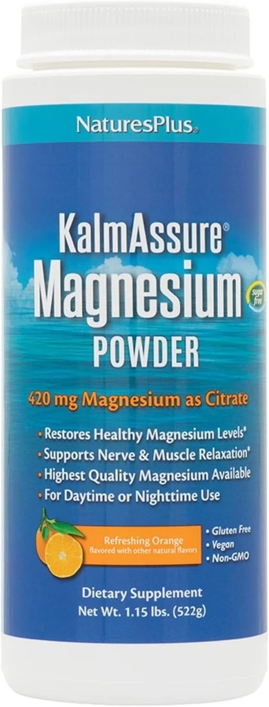 NaturesPlus KalmAssure Magnesium Powder - 1,15 LB, pakke med 2 - Orange Flavor - Understøtter nerve og muskelafslapning - Non-GMO, Gluten Free, Vegan - 120 Total Servering