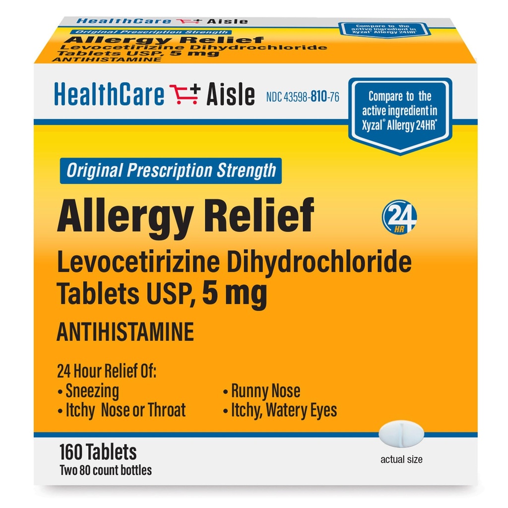 HealthCareAisle Allergy Relief - Levocetirizine Dihydrochloride Tablets USP, 5 mg, 160 Tablets, Original reception Strength Allergy Medication, 24- Hour Relief, 80 Count (Pack of 2)