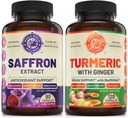 Pure Saffron Extract & Økologisk gurkemeje Bundle (én flaske hver). Understøtter Mood, Energy Boost, Metabolisk funktion. USA Made.