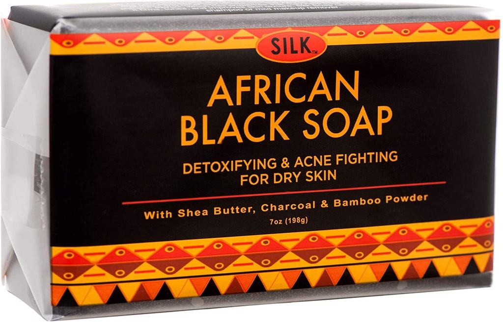 Afrikansk Sort Sæbe 7oz til Acne, Eksem, Tør Hud, Psoriasis, Scar Fjernelse, Ansigtsvask & Kropsvask - Shea Butter, Charcoal, Bamboo Pulver