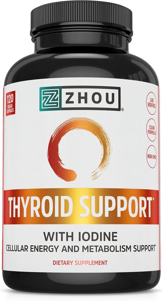 Zhou Thyroid Support - Thyroid Supplement for kvinder og mænd med zink, jod & selenium, metabolisk sundhed Thyroid Complex, Antioxidant Support med Aswagandha & Kelp - 120 Veggie kapsler