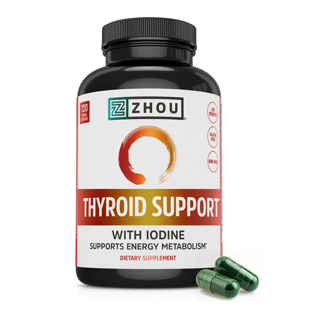 Zhou Thyroid Support - Thyroid Supplement for kvinder og mænd med zink, jod & selenium, metabolisk sundhed Thyroid Complex, Antioxidant Support med Aswagandha & Kelp - 120 Veggie kapsler