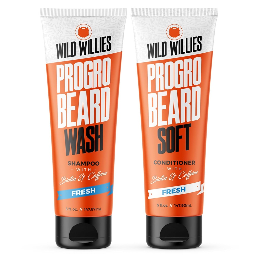 Wild Willies PROGRO Beard Shampoo og Conditioner Kit - Forstærket w / Koffein & Biotin - Styrkelse, Flake- Free, Fugtgivende Beard Wash og Conditioner til mænd, 2 x 5oz Tubes