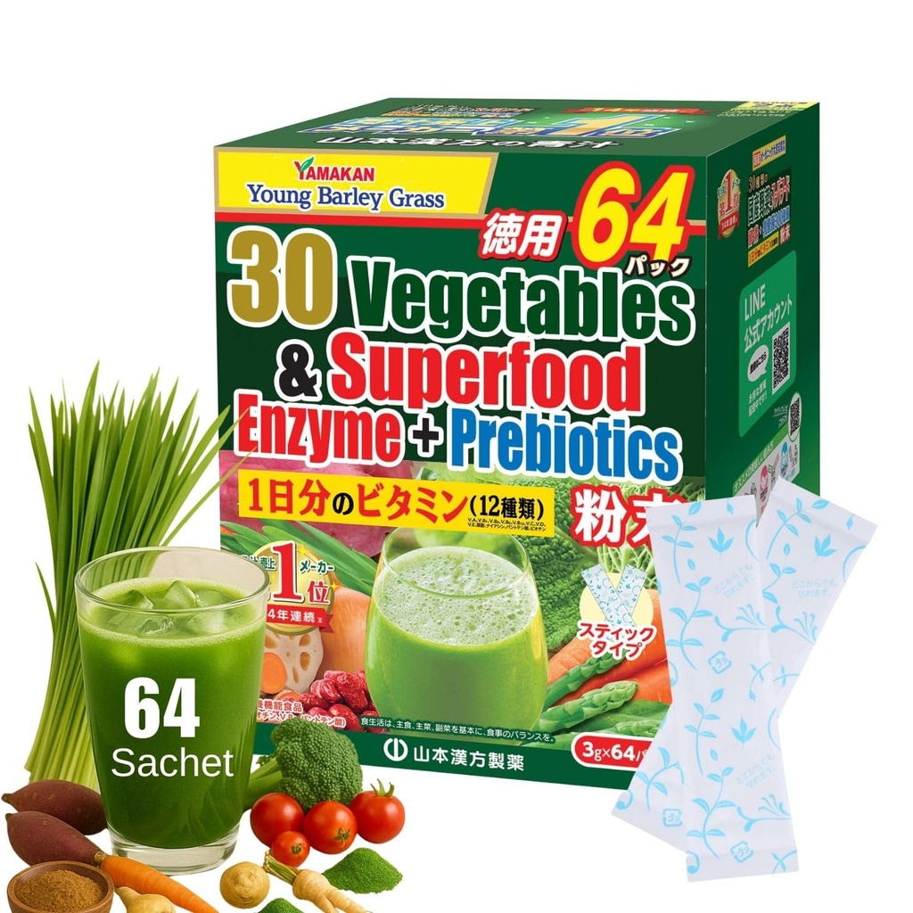 Yamamoto Kanpoh YAMAKAAN Green Superfood Powder med prebiotiske fibre & enzymer til fordøjelse, 30 Veggies & Young Barley Grass Juice Blend fra Japan, Gut Sundhed for kvinder & mænd, 64 Pakker