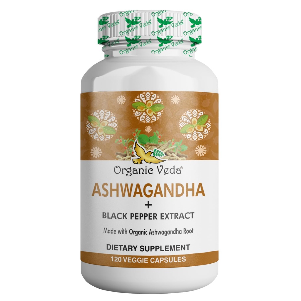 Organic Veda Ashwagandha Kosttilskud, 1500mg - Ashwagandha Kapsler med sort peber ekstrakt - Fremstillet af Pure 100% Organic Ashwagandha Root - Mood Support & Energy, 120 Veggie