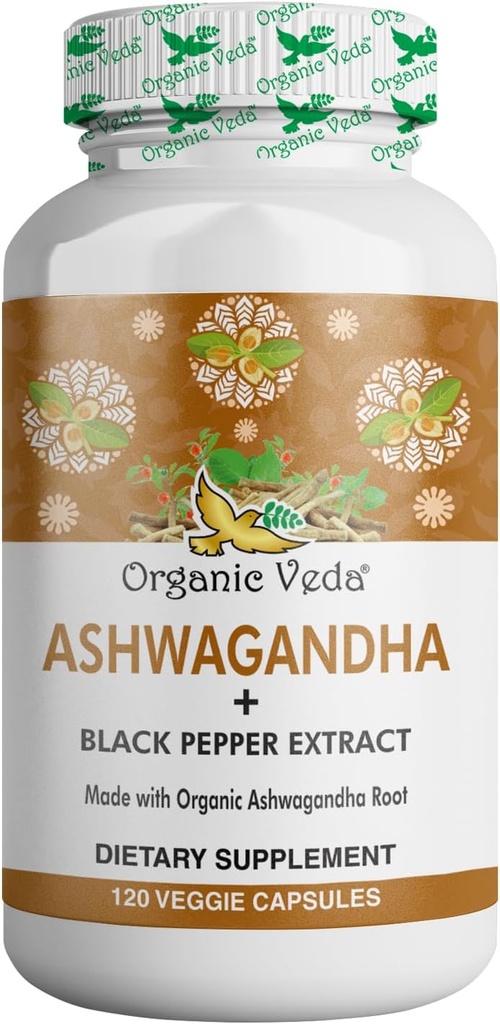 Organic Veda Ashwagandha Kosttilskud, 1500mg - Ashwagandha Kapsler med sort peber ekstrakt - Fremstillet af Pure 100% Organic Ashwagandha Root - Mood Support & Energy, 120 Veggie