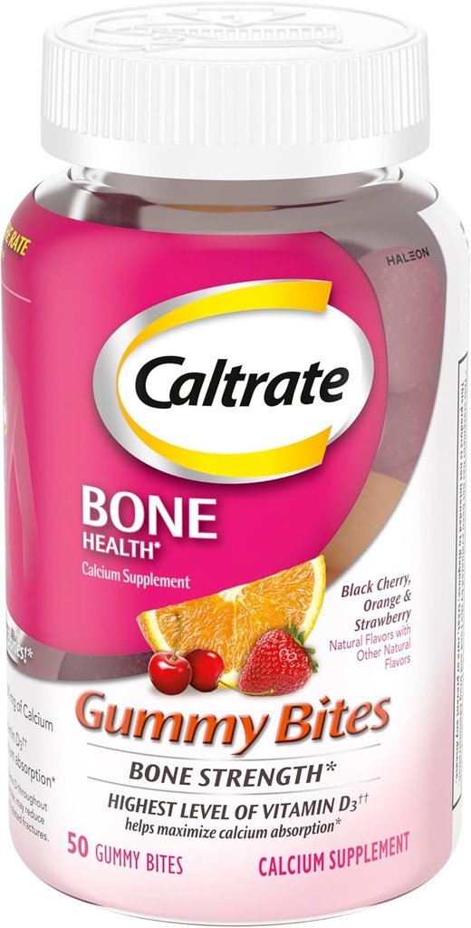 Caltrate Gummy Bites 500 mg Calcium og D-vitamin supplement, sort kirsebær, jordbær, Orange - 50 Greve