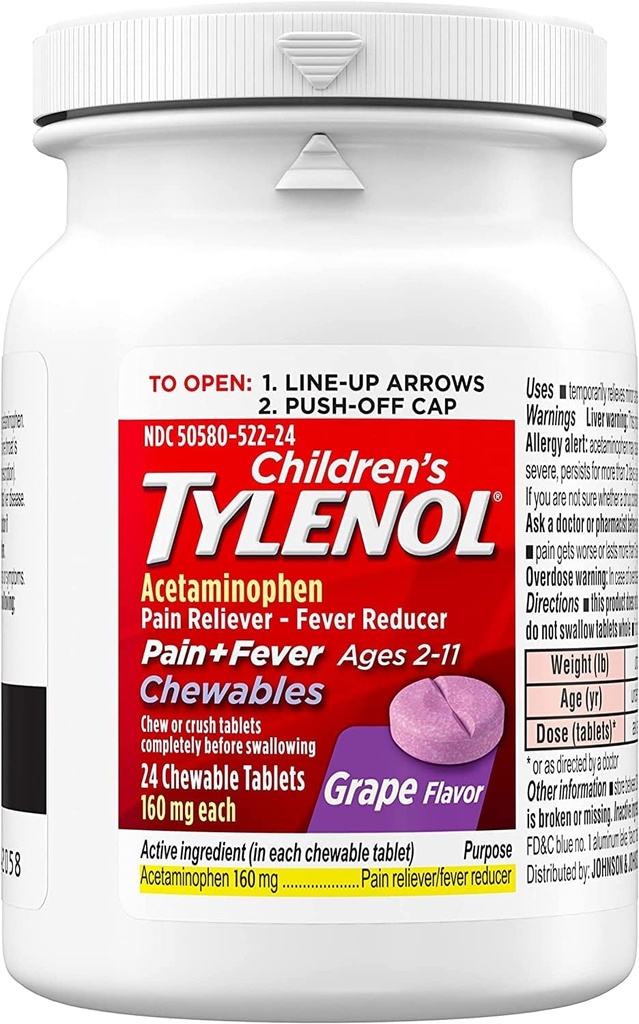 Tylenol Children 's Pain Plus Feber, Grape, 24 tyggetabletter (pakke med 2)