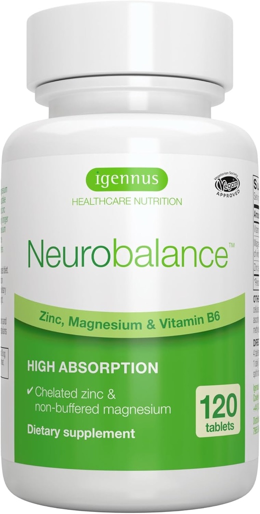 Igennus Neurobalance Høj Absorption Zink Magnesium & B6 Complex, Kognitiv Support, Focus & Muscle Recovery, 24mg Chelated Zink Picolinate, Hele dagen næringsmiddel Levering, Vegan, Non- GMO, 120 tabletter