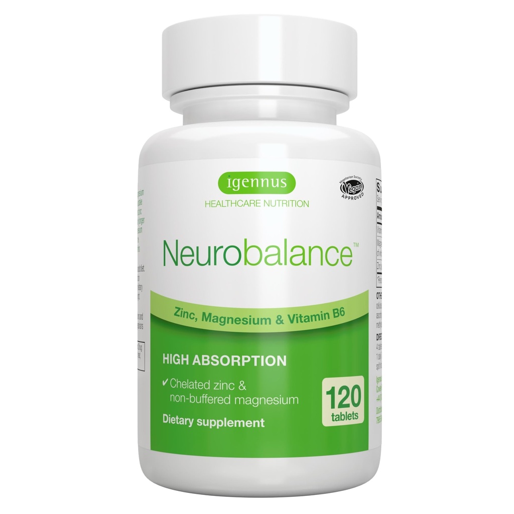 Igennus Neurobalance Zink Magnesium & B6 Kompleks Formuleret til Kognitiv Support, Calm Focus & Relaxation, 120 små tabletter, Høj Absorption Chelated Zink & Fuldt Reaged Magnesium, Vegan, Non- GMO