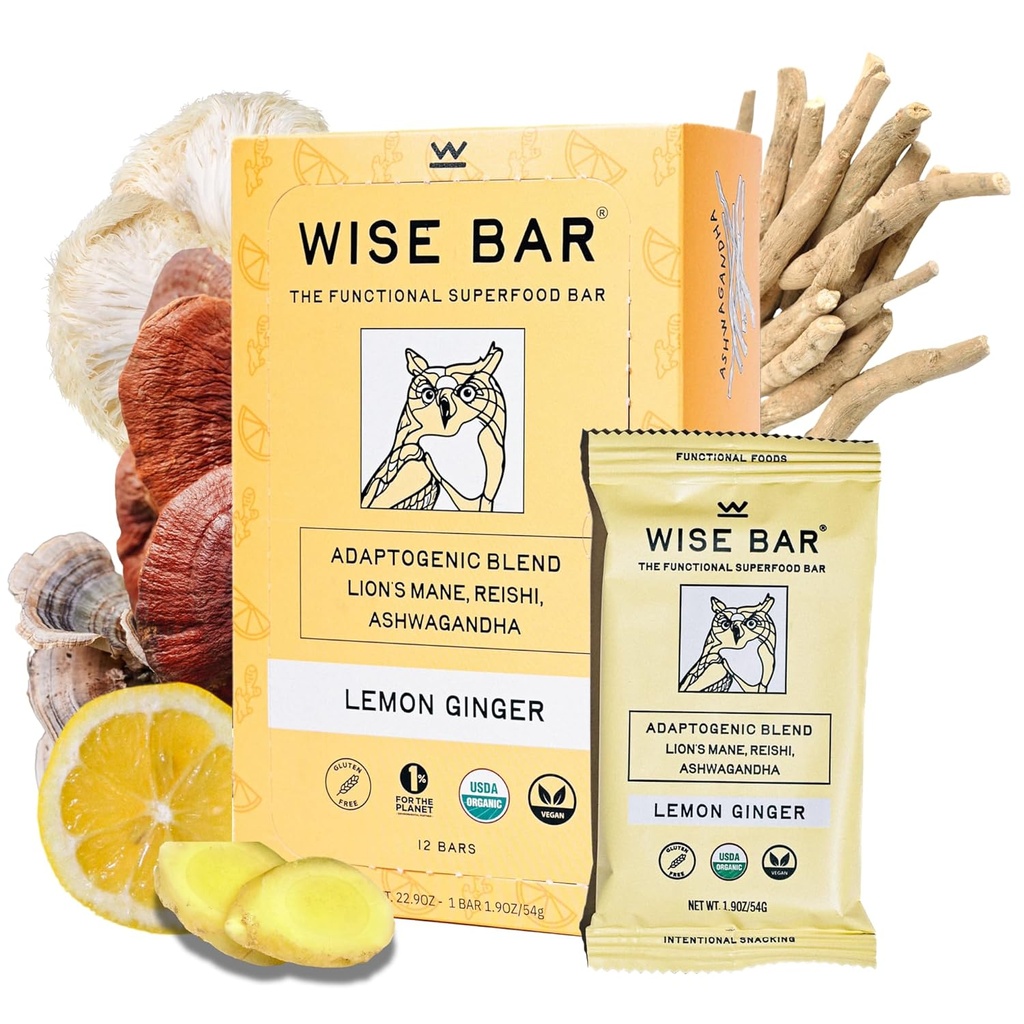 Wise Bar Adaptogen Mushroom Nutrition Bars med Reishi, Lions Mane & Ashwagandha, Organic Vegan & Gluten Free Snacks til Natural Focus, Energi & Immunity Support, Lemon Ginger Flavor, 12 Greve