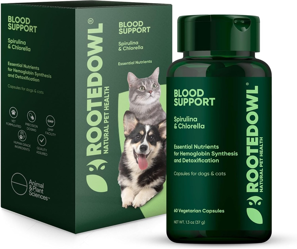 Rooted Owl blodstøtte - Immunitet, Inddrivelse og jern supplement til hunde & katte - Anæmi support med Spirulina og Chlorella - 60 / ct Vegan kapsler