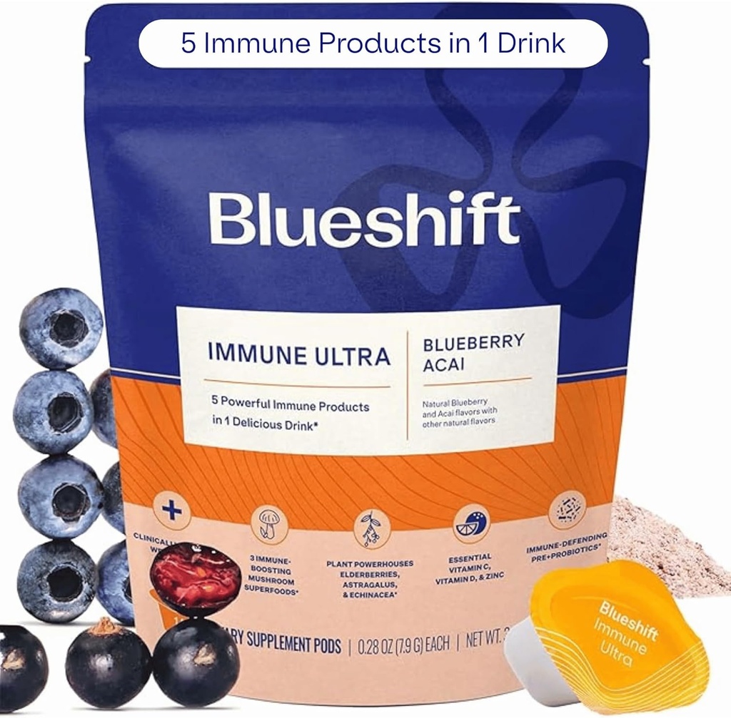 Blueshift immun Ultra - 5-in-1 immunstøtte pulver drik mix, immunforsvar Vitamin supplement med C-vitamin, zink, superfood, antioxidanter, præ-og probiotika - Blåbær Acai Pods (14 Pack)