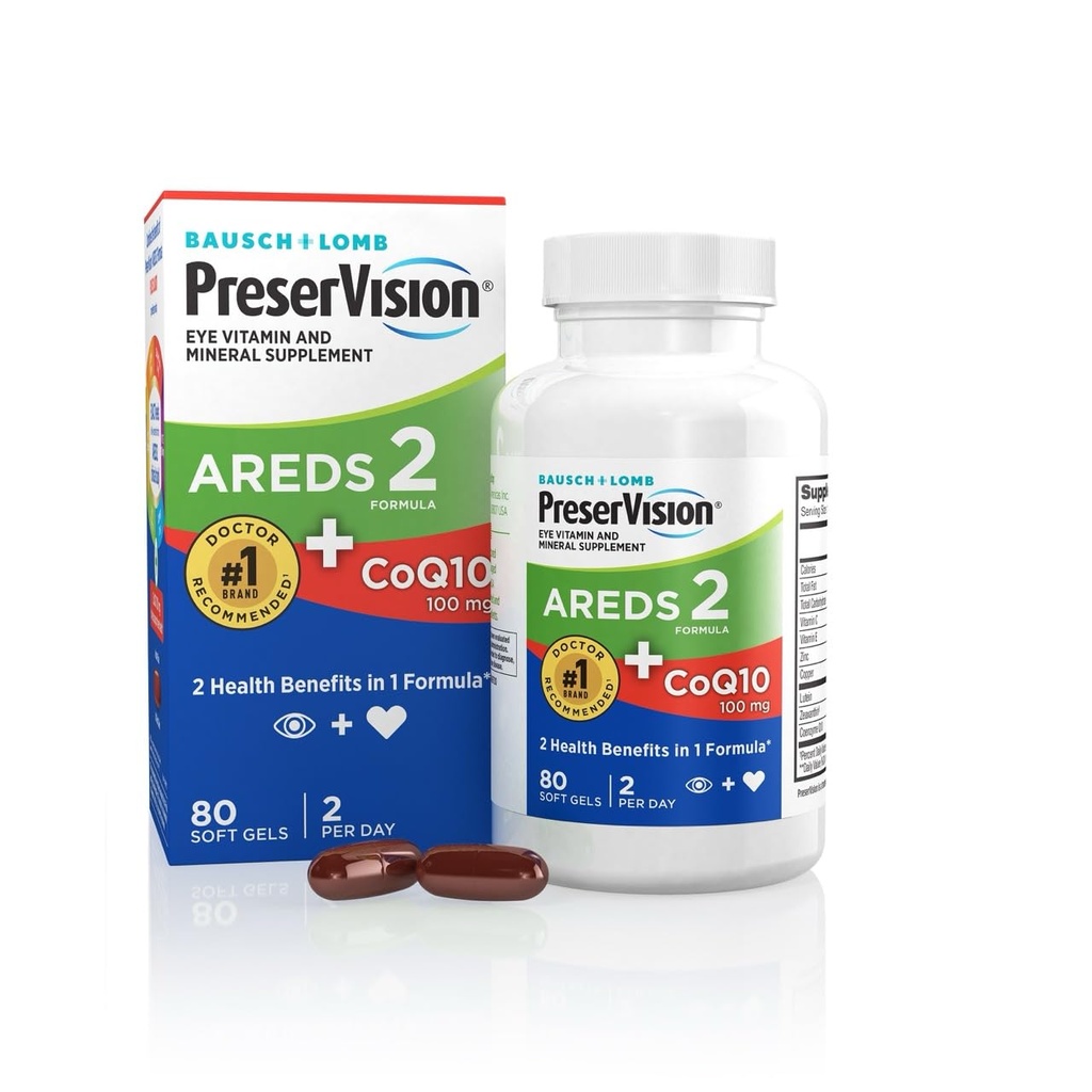 PreserVision AREDS 2 Eye Vitamin med CoQ10 for hjerte sundhed, # 1 Eye Doctor Recommended Brand, Lutein og Zeaxanthin Supplement med C-vitamin & E, zink, og kobber, 80 Softgels
