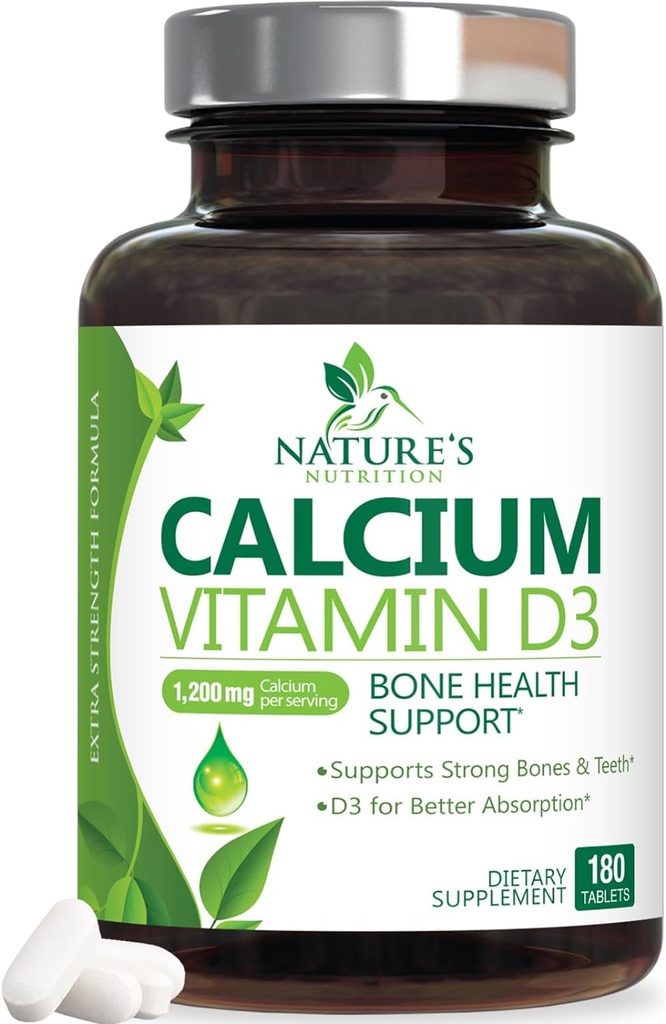 Calcium Supplement 1200 mg - med vitamin D3 til bedste absorption - understøtter immunforsvar, knogler og tænder - naturens calciumcarbonat + 1600 IE D3 - flaske i USA til kvinder og mænd - 180 tabletter