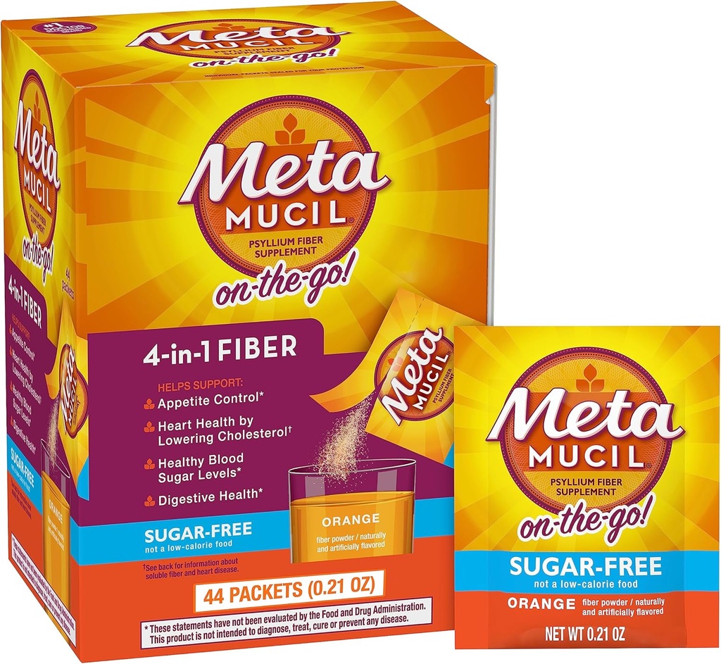Metamucil On- the- Go Packets, Sugar- Free, 44 Packets, 4- in-1 Psyllium Husk Fiber Supplement, Orange Artiskost, Individuelle Serveringer Great for Travel, Fiber Supplement for fordøjelse sundhed og regelmæssighed