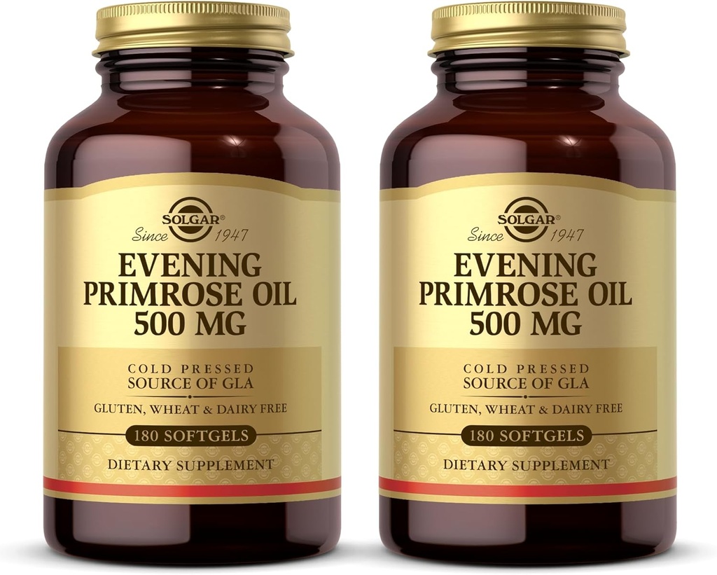 Solgar Evening Primrose Oil 500 mg - 180 Softgels, Pack of 2 - Cold Pressed Source of GLA - Gluten Free, Dairy Free - 360 Total Servering