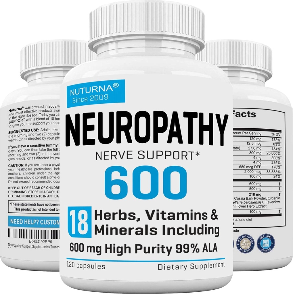 Neuropati Support med 600 mg HP- 99 Alpha Lipoinsyre - ALA Nerve Formel til Feet Hands Fingers - 18 i 1 naturlige perifere nerve vitaminer - 120 kapsler