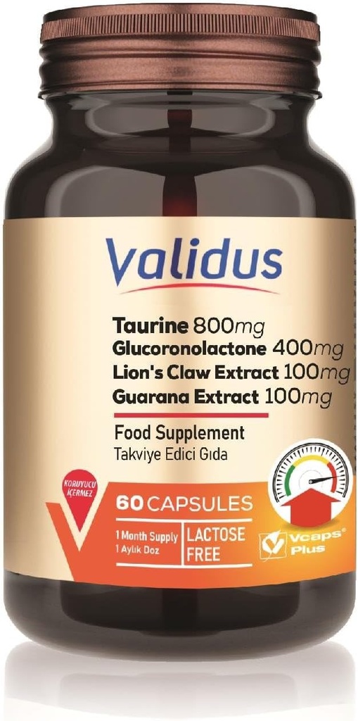 Validus Taurine 800 mg + Glucoronolactone 400 mg + Lions Claw Extract 100 mg + Guarana Extract 100 mg 60 kapsler