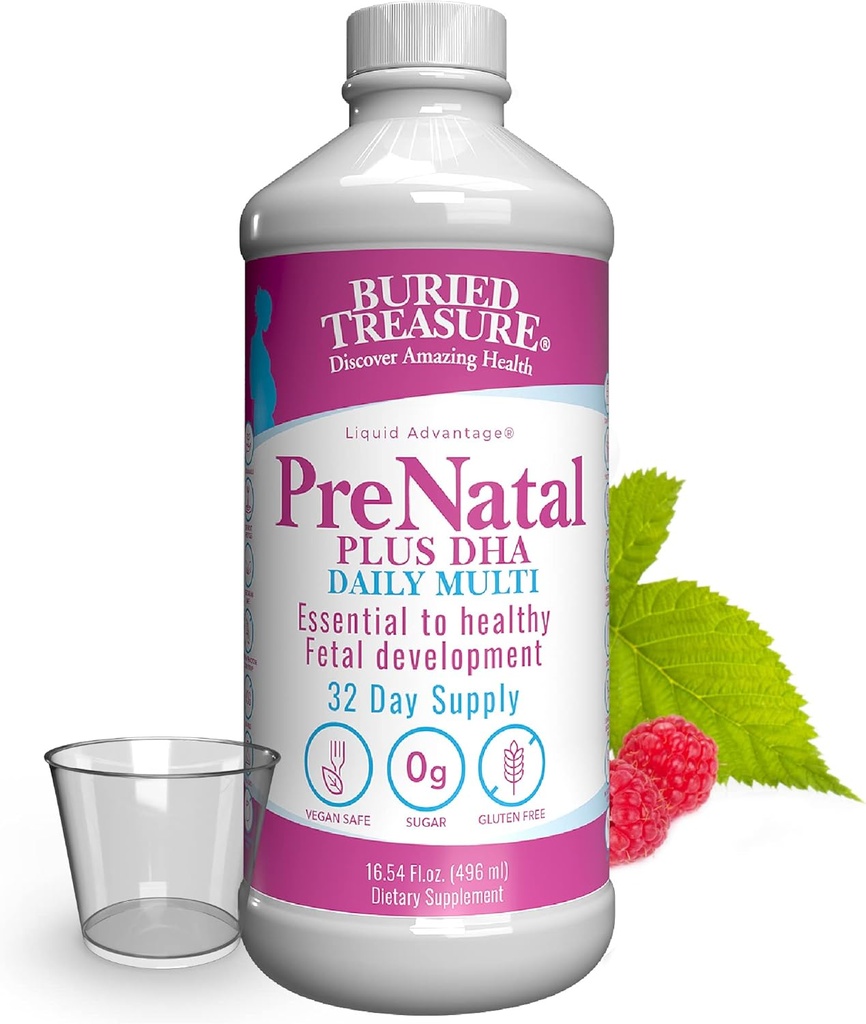 Begravet Treasure Prenatal Plus DHA Complete, 16 oz Orange Banana Flavor, høj potens flydende formel supplement til før, under, Post Graviditet, Natural DHA Omega3 Jern Vegetar Safe w / Dose Cup
