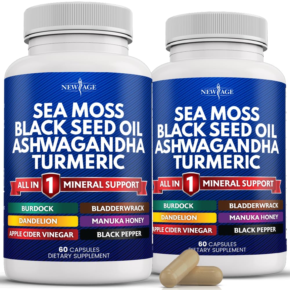 NEW AGE Sea Moss Capsules Black Seed Oil Ashwagandha Turmerisk Bladerwrack Burdock - med Manuka, Honey Dandeelion, ACV Black Pepper Gluten Free