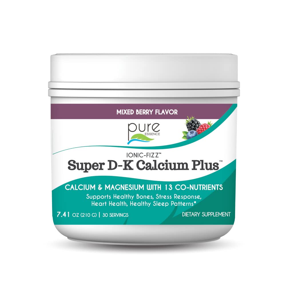 Ionic Fizz Super D- K Calcium Plus af Pure Essence - med Extra Magnesium, D3-vitamin, K2-vitamin for stærke ben og stress support - blandet berry - 7.41oz