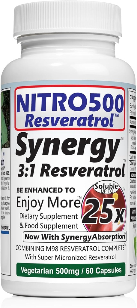 Nitro Synergy Resveratrol (Nitro500) with Up to 25x Solubility - 60 Vegetarian Capsules - 30 Servings - 500 mg per Serving