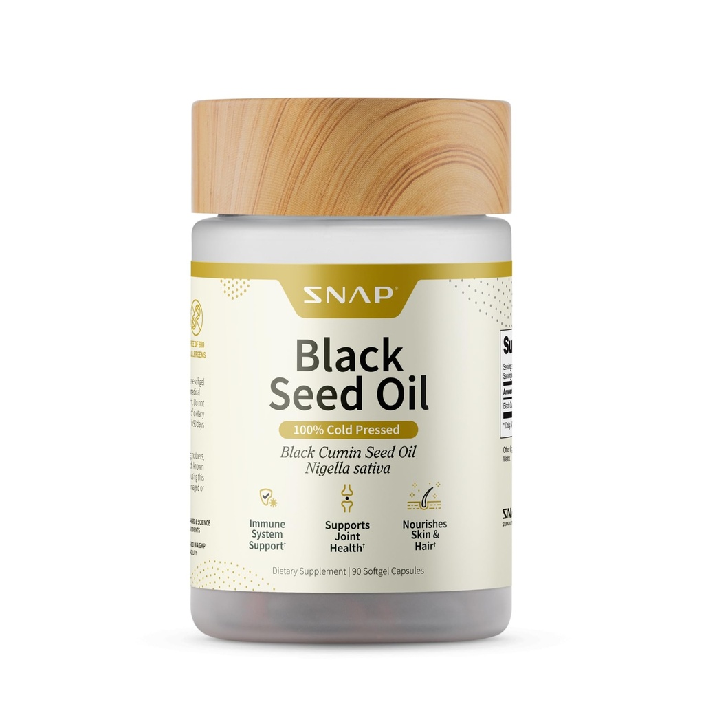 Snap Kosttilskud Black Seed Oil Capsules - 100% Cold Pressed Organic Nigella Sativa - Understøtter immunforsvar, Detox, hud, hår, Joints & Samlet Wellness - 90 Softgels