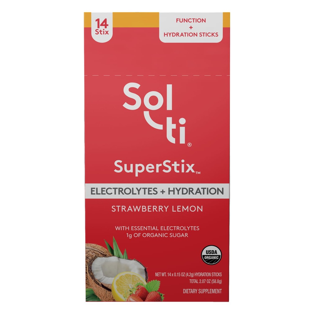 Organic Electrolytes + Hydration Drink Mix, Superfood Hydration Sticks, SuperStix by Sol-ti, Non-GMO, Vegan, Strawberry Lemon, 14 Single-Serving Sticks