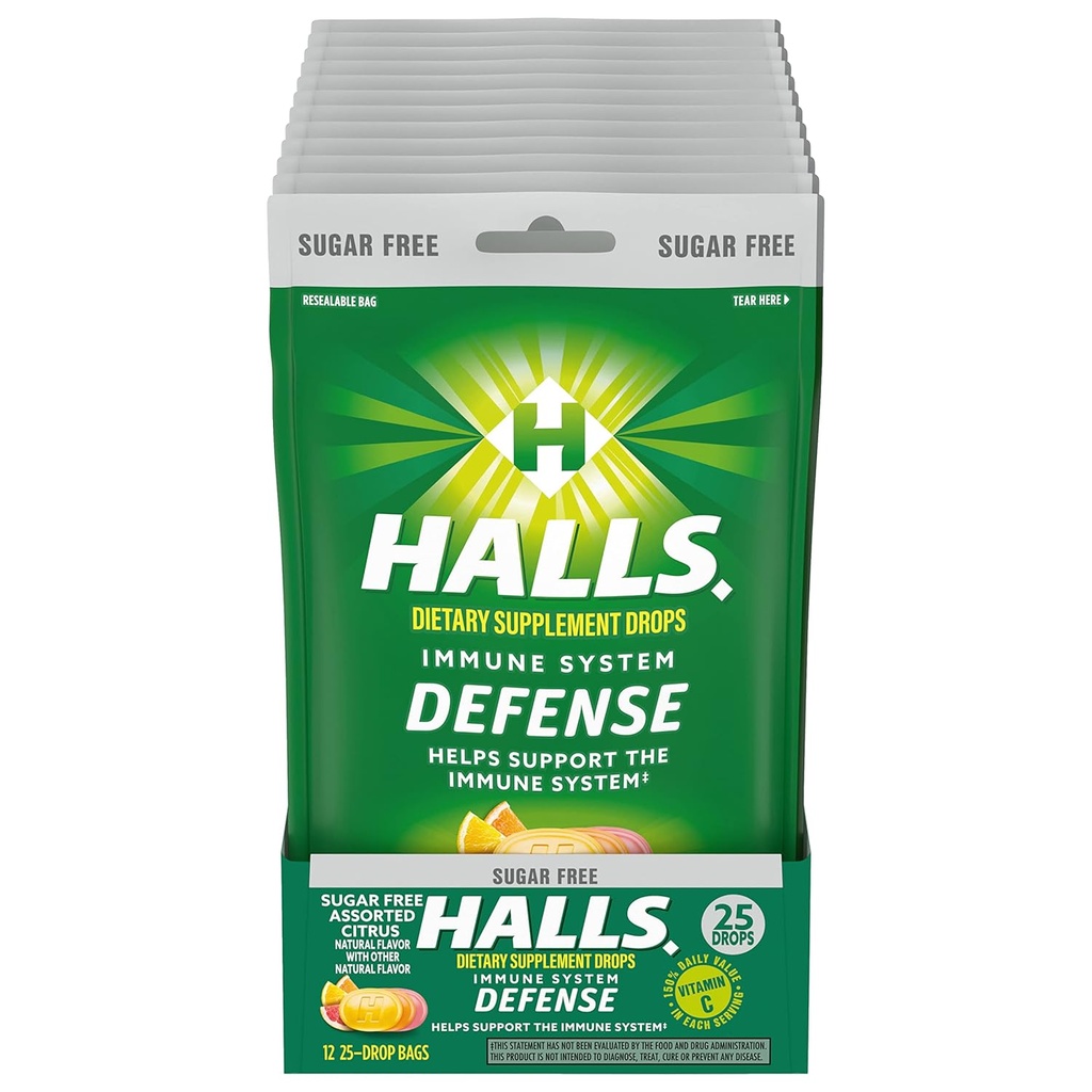 HALLS Defense Assorted Citrus Sugar Free Vitamin C Drops, Kosttilskud Drops, 12 poser 25 Drops (300 Total Drops)