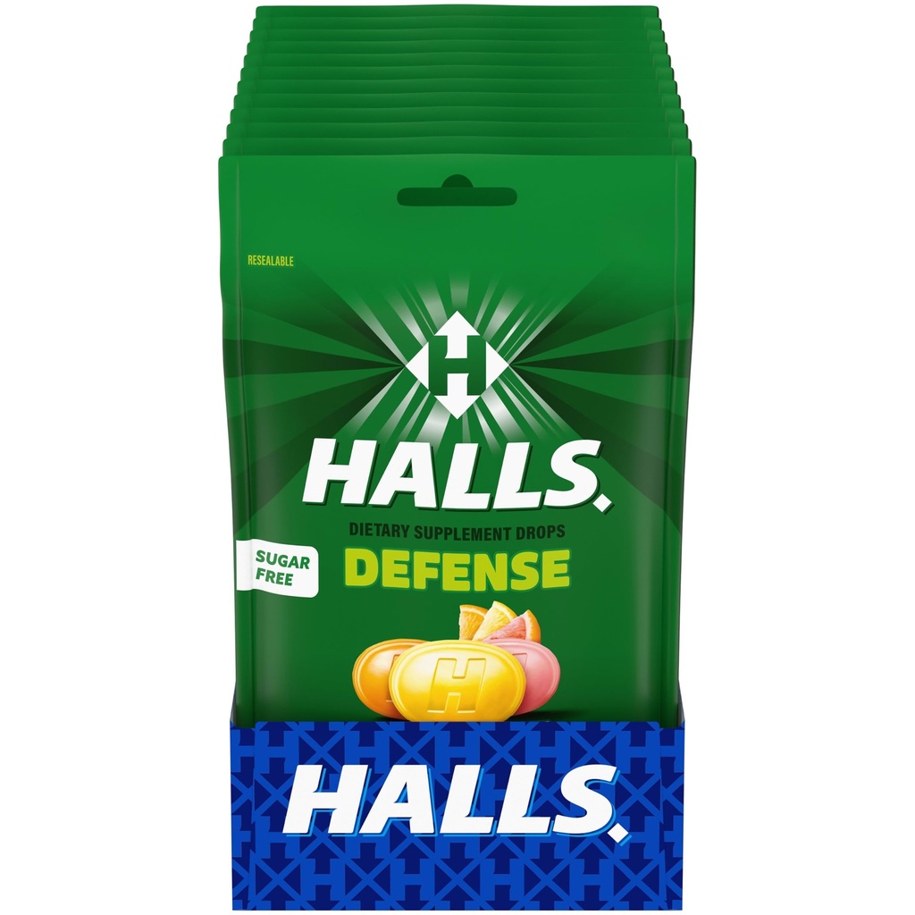 HALLS Defense Assorted Citrus Sugar Free Vitamin C Drops, Kosttilskud Drops, 12 poser 25 Drops (300 Total Drops)