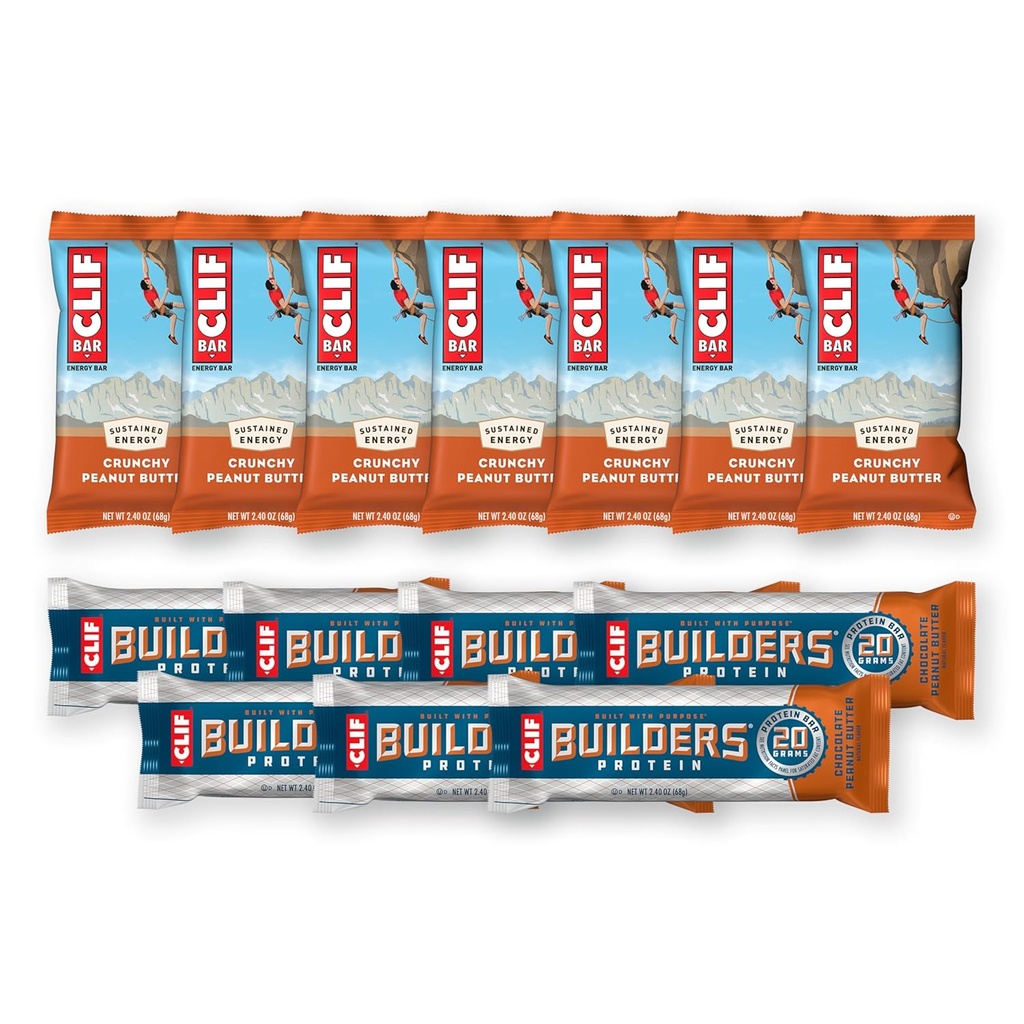 CLIF BAR og CLIF Builders - Variety Pack - Crunchy Peanut Butter and Chocolate Peanut Butter - Energy Bars and Protein Bars - non-GMO - Plant Based - 2.4 oz. (14 Greve)