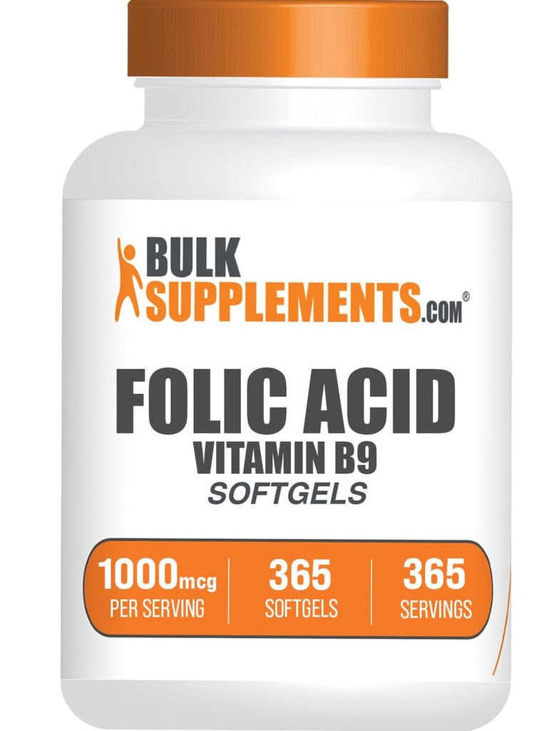 BulkSupplements.com Folinsyre Softgels - Vitamin B9, Folinsyre 1000 mcg, Folate Supplement - Gluten Free, 1 Softgel per Serving, 365 Count (pakke med 1)