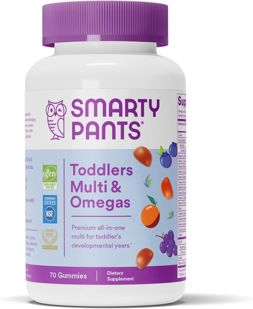 SmartyPants Toddler Multivitamin Gummies: Omega 3 Fish Oil (EPA / DHA), Vitamin D3, C, vitamin B12, B6, A, K & Zink, Biotin, Beta Caroten, Gluten Free, Three Fruit Flavors, 70 Greve (23 dages forsyning)