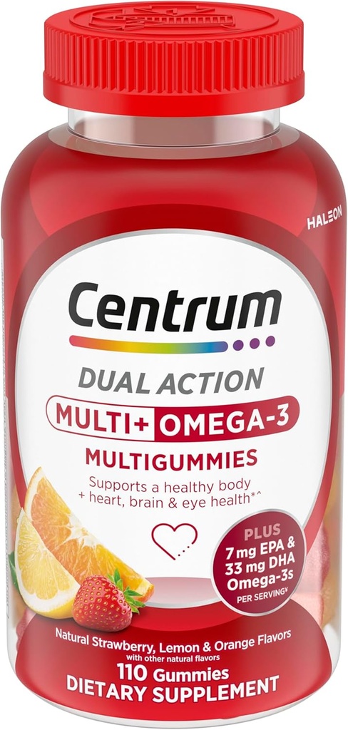 Centrum MultiGummies Multi + Omega 3 Dual Action, Voksen Multivitamin, Multivitamin / Multimineral / Omega 3 Supplement, Jordbær / Lemon / Orange Flavors - 110 Tæl