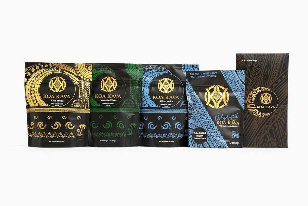 Koa Kava Premium Sample Pack - 2 oz Dehydreret Instant Kava Powder + 4 oz Tasker af Tongan, Fijian, og Vanuatu Waka Medium Grind Varieties. Oplev din favorit for ultimative ro og afslapning!