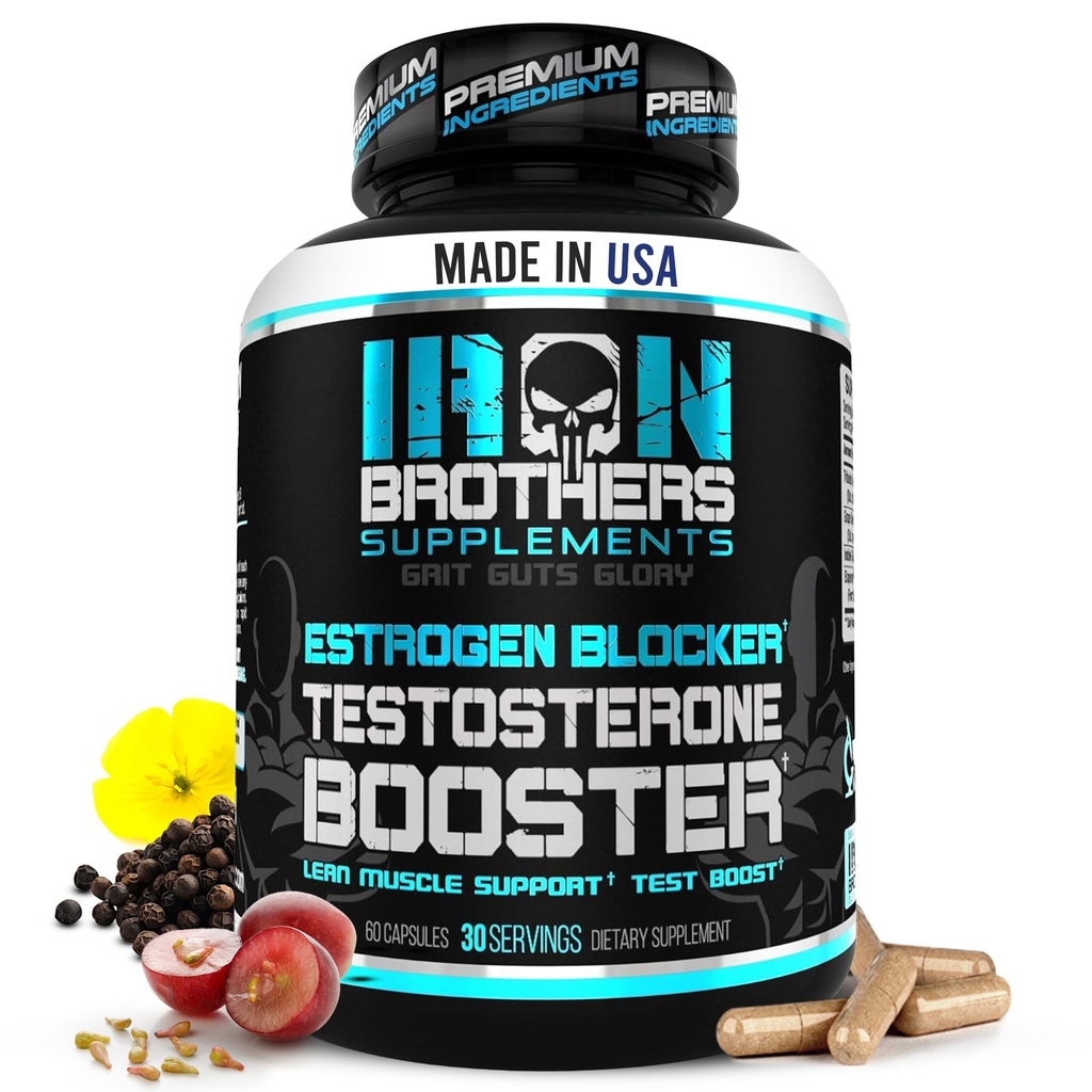 Iron Brothers Kosttilskud Testosteron Booster for mænd med østrogen Blocker - Anti- Østrogen Kosttilskud - Grape Seed & Tribulus Terrestris - Pakning med 60 kapsler - Muskelvækst Boost - 30 dage