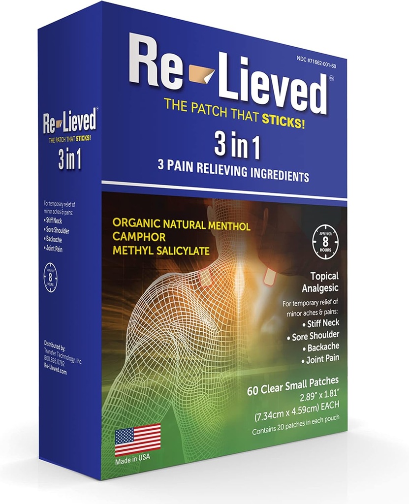 Genlevet 3- in-1 Patches - Organic Natural Menthol, Campher og methylsalicylat - Superior Sticking Clear Pain Patch - Aluminium-fri, vand resistent og USA Made - 60 Greve